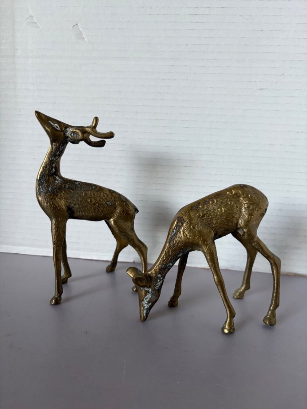 Vintage Brass Deer Figurine Pair Grazing & Standing Mid-Century Decor 7" & 6" Ta